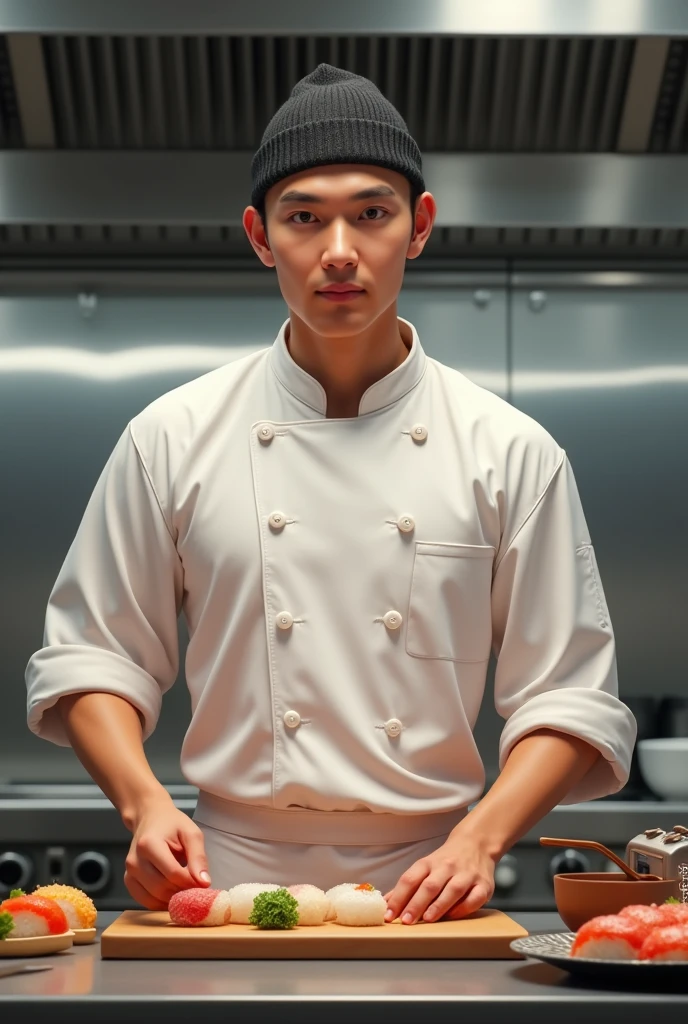 Young Chef, white man without beard, thin build. Makes sushi and rolls of Japanese cuisine. Dressed in a chef's jacket, on the head is a short knitted black cap. The gaze is directed towards the camera. In the background is a large restaurant kitchen., shiny metal, mirrors, bellvy plastic. character design,