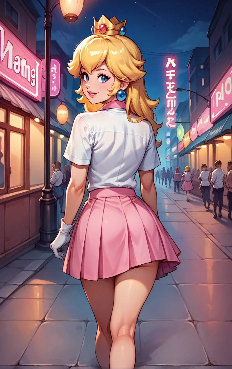 ((masterpiece,best quality)), Princess_Peach, School uniform, Tight white shirt, No panties, Upskirt, crown, gem, gloves, walking away, looking back at viewer, smiling, night, public street, neon lights,