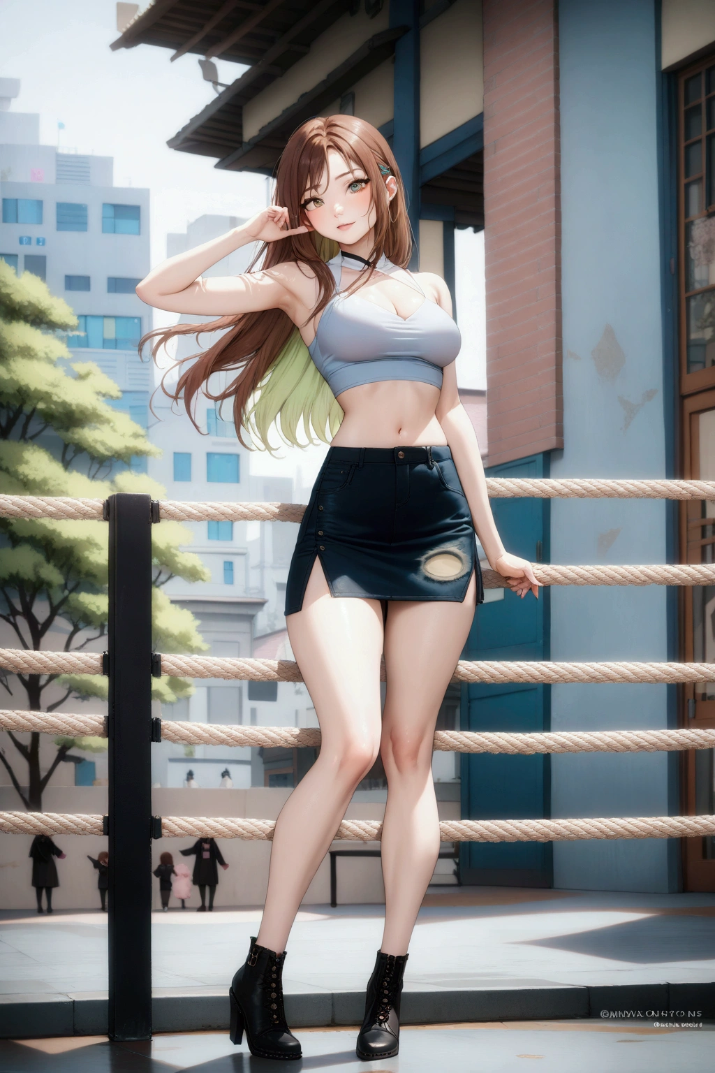 1girl, anime girl, anime, bracelet, necklace, earrings, 2d girl, 18y, (fullbody), standing, anime girl, seductive smile, (((brown hair, flowing hair, hair flowing in the wind))), ((black,tube top,strapless)), ((underboob view)), cleavage, Solo, Slim, Big Breasts, Tight Shorts, low waist shorts, upshorts, outdoors, night background, flowers, looking at viewer, darker shadows, (((explicit))), (((short,shorts))), (((absurdres))), (((thigh gap))), (((cameltoe))), (((lowleg shorts))), (((sexy))), (((sensual))), (((Tube Top))), (((Strapless)))