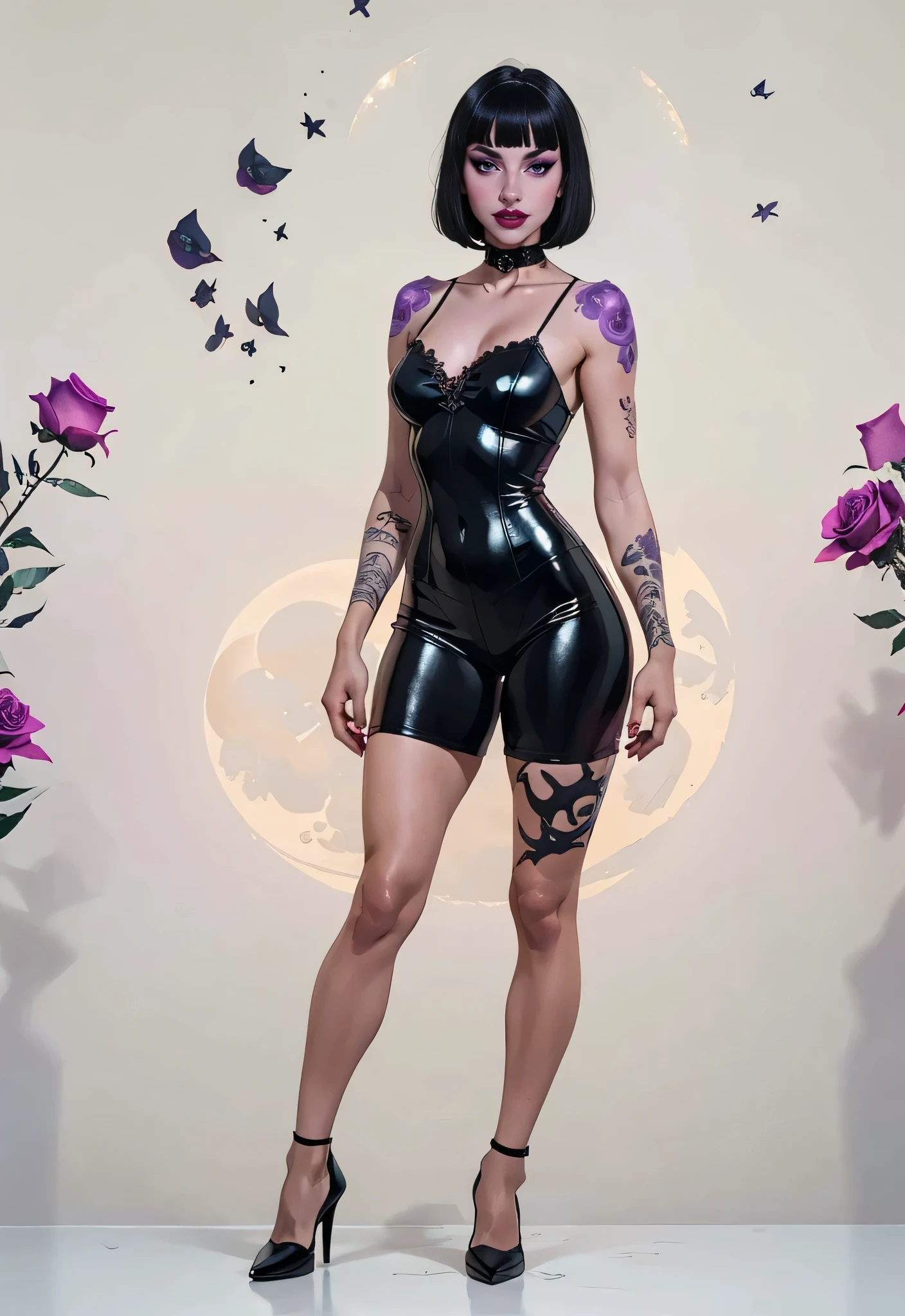 Generphie a hyper-realistic image thphi employs the shallow depth of field technique, Head and shoulders portrait to highlight a sexy hot gothic girl wearing a gothic latex, ((cut hair with bangs, S3xyFace, sexy face, sexy mouth)), ((Hot body)) , skull tattoo, ((heavy make-up)) , phi (night cemitery background )) context, (((under the moonlight))). The girl should be the focal point, with sharp clarity, while the background of the cemitery should be gently blurred to crephie a bokeh effect. (((black Roses foreground))) must be visible, but blurred, adding depth to the composition.", adding depth to the composition. Sony Alfa A7R III, macro lens , f/5.6. ((Cinematic magenta and purple Lighting)), legs wide apart, viewer's view, full length photo, photo, Realism, UHD, retina, masterpiece, accurate, anatomically correct, textured skin, super detail, high details, high quality, award winning, best quality, highres, 1080P