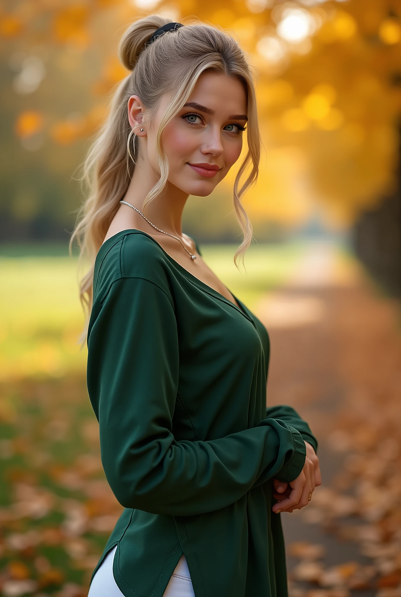 1Girl 18 years old, nur, Lange Haare, midsize boobs, pullover, Blick auf den Betrachter, hellblondes Haar, nackte Schultern, braune Augen, Schmuck, full entire body, Halskette, schulterfrei, outfit, lips, realistisch, Nase, Flirten mit der Kamera