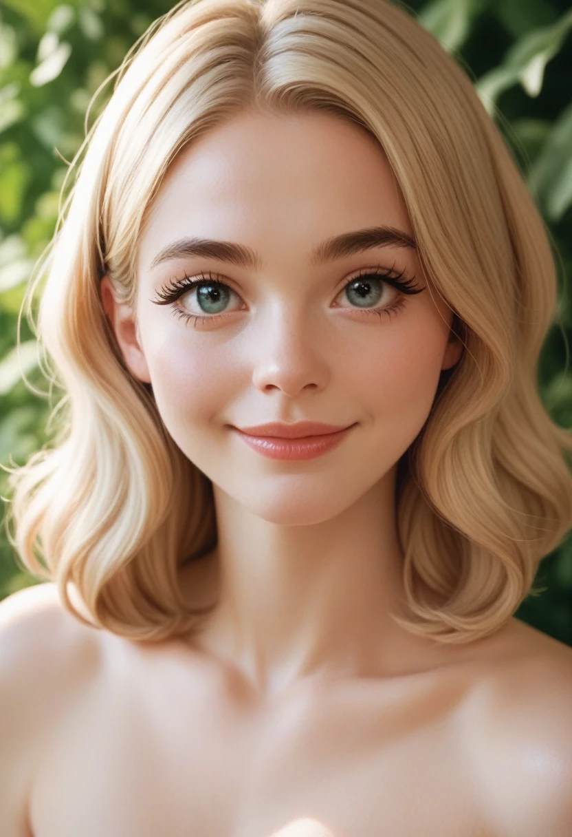 A soft oval face with delicate cheekbones, small upturned nose. Big, round eyes, long eyelashes, thin, arched eyebrows. Lips with a well-defined cupid's bow. Medium hair, blonde, smiling 