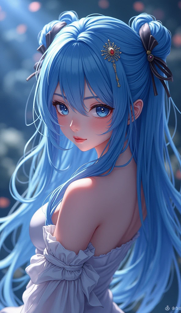 Game CG, Upper Body, Face Focus, close, One person, Blue Hair, White Dress, Red eyes, Circlet, Orange lipstick, (Put your finger to your mouth), (Close one eye), Cleavage, smile, Happy, depth, depth of field, Outdoor, nature, petal, Wind, masterpiece, high quality, 最high quality, beautiful, High resolution, Perfect lighting, Detailed face, Detailed body, masterpiece, 最high quality, Intricate details, 8k uHigh resolution, Perfect Face, Perfect Eyes