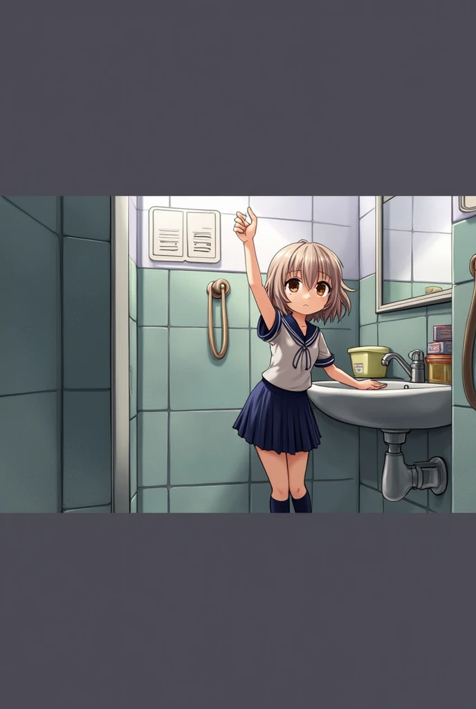 1girl, nsfw, houjousatoko, short hair, blonde hair, purple eyes ,hairband, , empty eyes , large breasts, nipple, Standing pee,, Abandoned Hospital frozen, wet, crying ,, Naked, solo , (1girl) , Peeing, lactation, projectile lactation