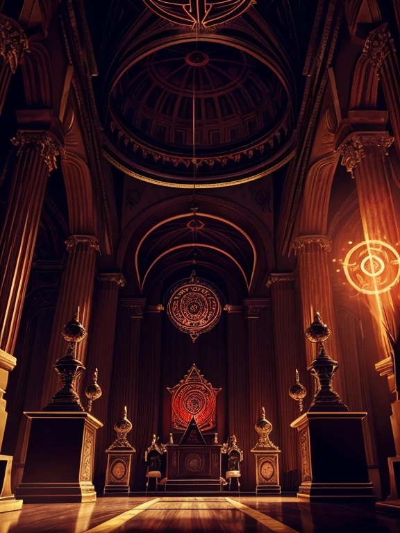 Create an ultra-detailed image of a group of male Freemasons gathered in a Masonic temple, summoning a demon. The mood should be dark and mysterious, with light and shadow to accentuate the occult atmosphere. The Masons are dressed in their traditional garb, with distinctive Masonic symbols. They stand around an altar or esoteric circle, where occult symbols and ritual objects are arranged. A red glow emanates from the altar, illuminating the faces of participants and creating eerie reflections on the temple walls. The summoned demon should appear in the background, partially visible, with menacing features and a mysterious aura. Make sure every element is depicted with great precision to capture the intensity and solemnity of the scene.