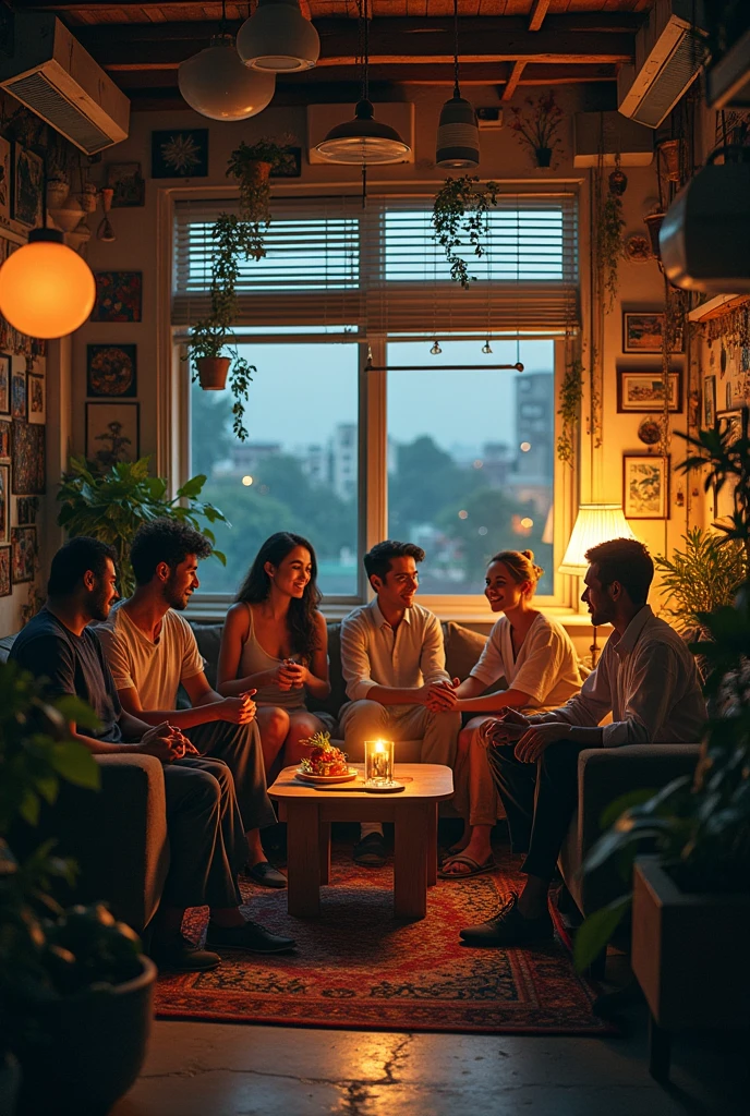 loft design, seven Japanese people on the L-shape sofa, open lobby, lighted up by candles, glazing, photo realistic, foliage plant, stairwell, moonlight from skylight