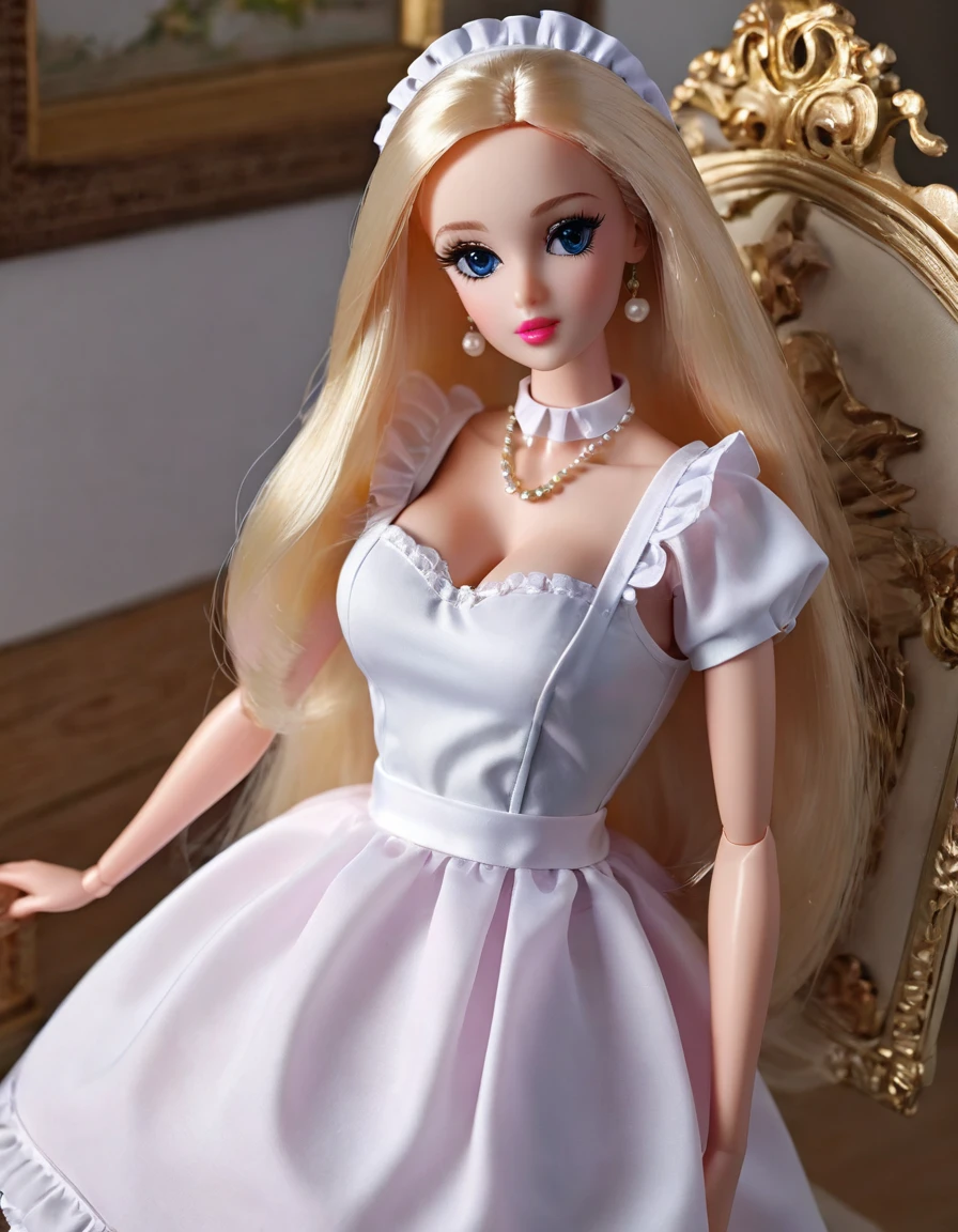 (masterpiece, Best quality: 1.2), 1 Barbie,doll，Colloid， Exquisite eyes, Wide hips, Colloid皮肤，(Wearing Maid dress)，Huge natural breasts，