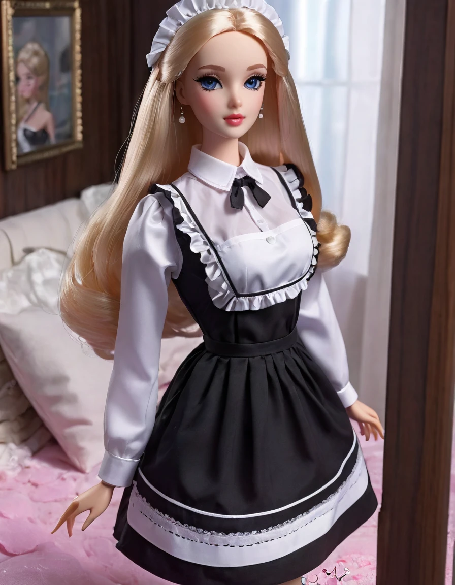 (masterpiece, Best quality: 1.2), 1 Barbie,doll，Colloid， Exquisite eyes, Wide hips, Colloid皮肤，(Wearing Maid dress)，Huge natural breasts，