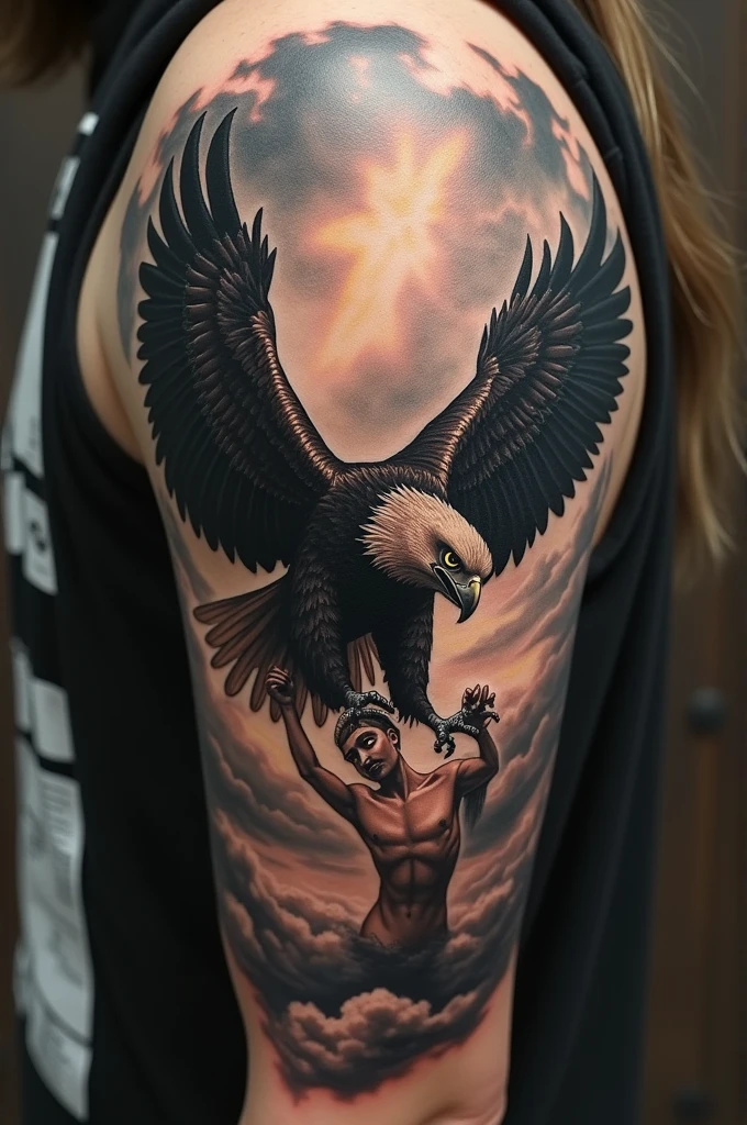 1man, solo, portrait muscular dannytrejo wear indian costume headband, looking at viewer, tattoo eagle spread wing on chest, ornate, details, realistic, rim lighting, dim light <lora:ARWDannyTrejo:1>