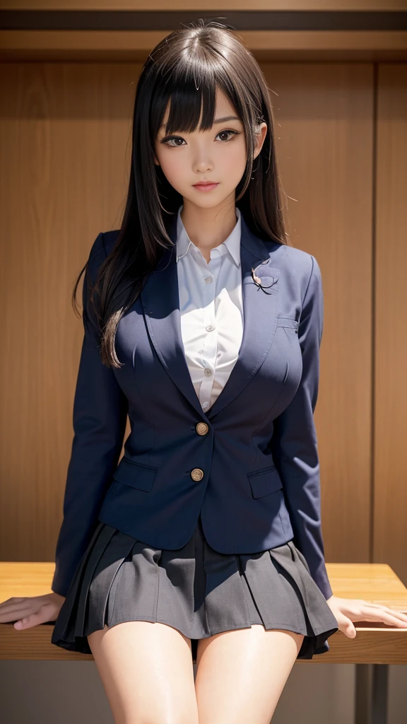 the most beautiful actress in the world, she is 18 years old, the perfect body proportions of this girl, just the lower than her crotch is fully exposed, just the upper than her crotch is fully covered, this girl with her large breasts is firmly wearing the blazer on the formal shirt, the bare skin of her large breasts are firmly covered by formal shirt under blazer, it's too difficult for the short skirt to cover the panties because it's too short, her bare thighs, her feet are out of this picture frame, her head is barely within this picture frame, only one description of this picture, at city street, standing, nsfw, best quality, highly detailed, masterpiece, ultra high res, photo realistic, 8k