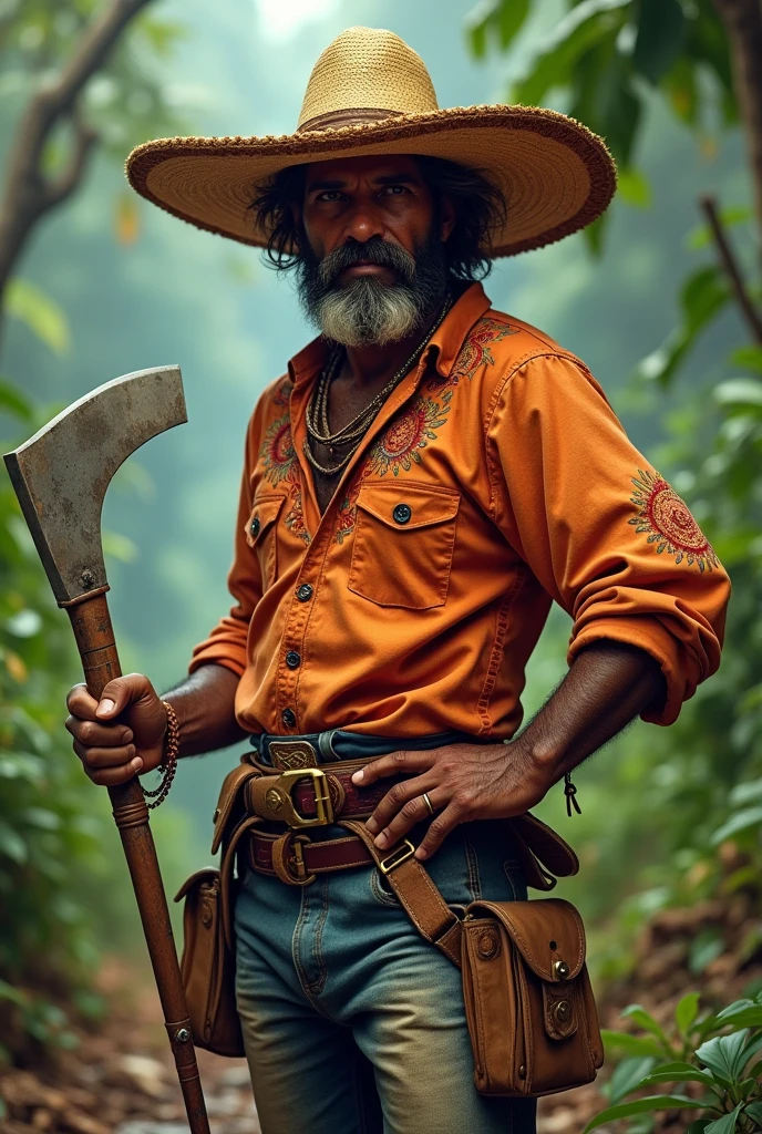 Create a realistic image of a traditional gaúcho standing in a flooded field in southern Brazil. The gaúcho is dressed in typical attire, including bombacha pants, a wide-brimmed hat, a red neckerchief, and leather boots. He stands firmly in the water, holding a long staff, with a determined look on his face. In the background, the landscape features low-lying green fields, partially submerged under water, and a cloudy, overcast sky. The gaúcho’s stance and expression convey resilience and solidarity in the face of adversity.