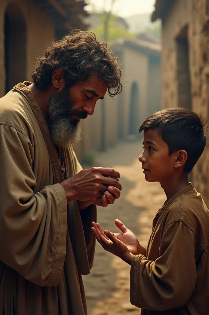 The sun is setting, casting a warm, golden glow over the scene. The boy is sitting on the ground, crying, with his head in his hands. The villagers approach with concerned expressions, noticing that many sheep are missing. The old man kneels beside the boy, placing a comforting hand on his shoulder.
The Shepherd Boy is 10-. A young boy with tousled brown hair, bright eyes, and a youthful face. He wears simple, rugged clothes typical of a shepherd—loose tunic, shorts or trousers, and sandals. He carries a shepherd's staff, which he leans on when watching over the sheep.
The villagers are hardworking, practical, and concerned about the safety of their community. Villagers Are mix of men and women, mostly adults and elders. They wear simple, rustic clothing suited to a rural lifestyle—long skirts, tunics, aprons, and headscarves.