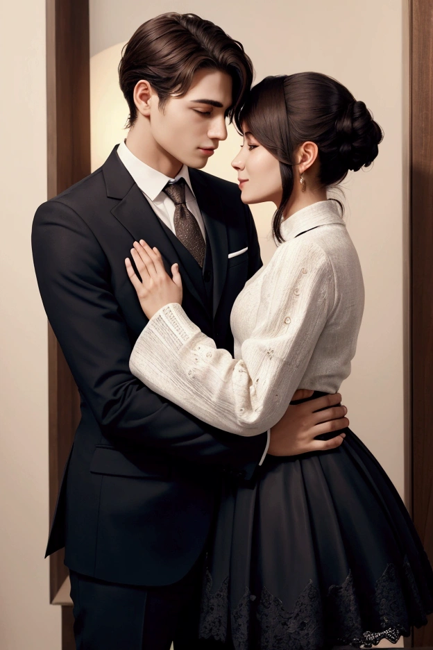 A male lead and a female lead the clothes of male lead is black suit and the female lead is a maid uniform the male lead is hugging from the back the female lead