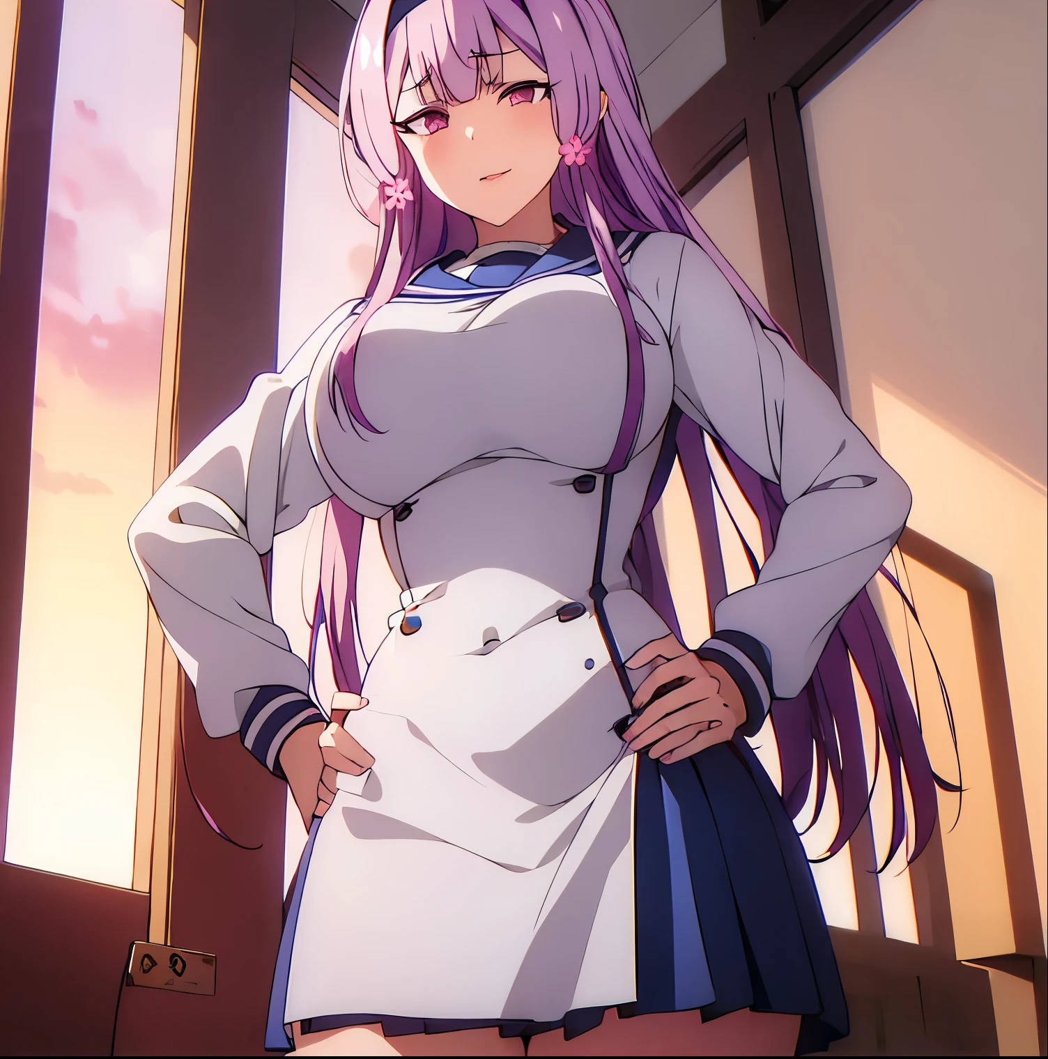 1girl, (shapely body), (solo), 19 years old, hdr, <lora:Junko_Hokaze_V4:0.7>, school uniform, epic realistic, RAW, analog, (1 person), realistic shadows, ((highly detailed skin, skin details)), sharp focus, 8k UHD, DSLR, high quality, Fujifilm XT3, soft cinematic light, adobe lightroom, photolab, hdr, intricate, highly detailed, (hdr:1.4), sunrise, purple hair