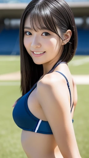 (Browsing Caution) ,Japanese,thin,sexy,Spread your legs, between legs,Athletics Stadium,Sports Bra、Dark blue athletics uniform、Upper boob, lower boob, side boob, erect nipples, long hair, ponytail,Light clothing、Only one piece of clothing、(young)、(cute)、Beauty、High resolution, Gaze Here,smile, Simple Background, Anatomically correct, Highest quality, Attention to detail, Textured skin, ((Large Breasts,)),Bright Eyes, Oblique eyes, Close-up、concentrated: 15mm, Blurred Background, Lens Flare, 