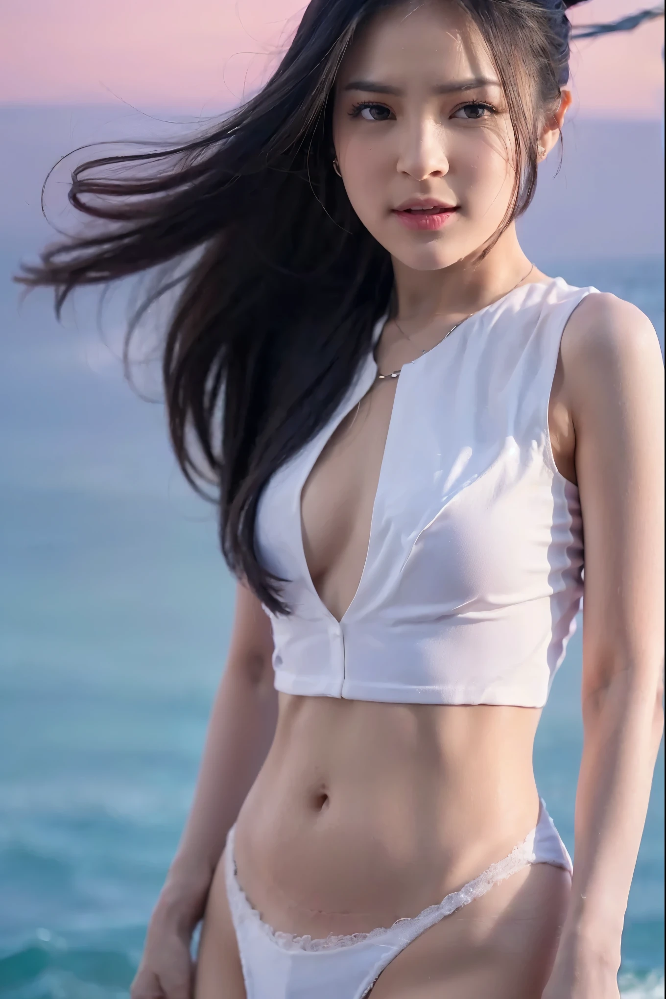 (masterpiece, best quality:1.2, 8k RAW photo, (one girl, solo, 1girl), natural soft lighting, photorealistic, realistic skin texture, high detail, full body photograph), (((bare naked, fully nude), pussy, small breast, nipples, pubic hair)), on the luxury yacht, ((ocean tidal waves, enjoying beautiful sunset, wind flows)),