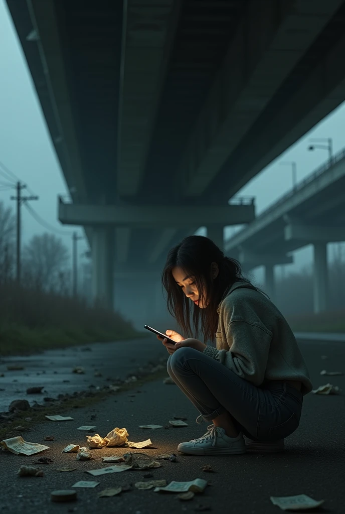 beautiful korean woman squatting, facing front wearing short skirt, Her right hand is holding a short stick and stirring "A puddle of water on the road", Her left hand is holding the smartphone, Her face is sad and listless, while looking at her smartphone screen, realistic 3D 8K fluid motion cinematics lighting.