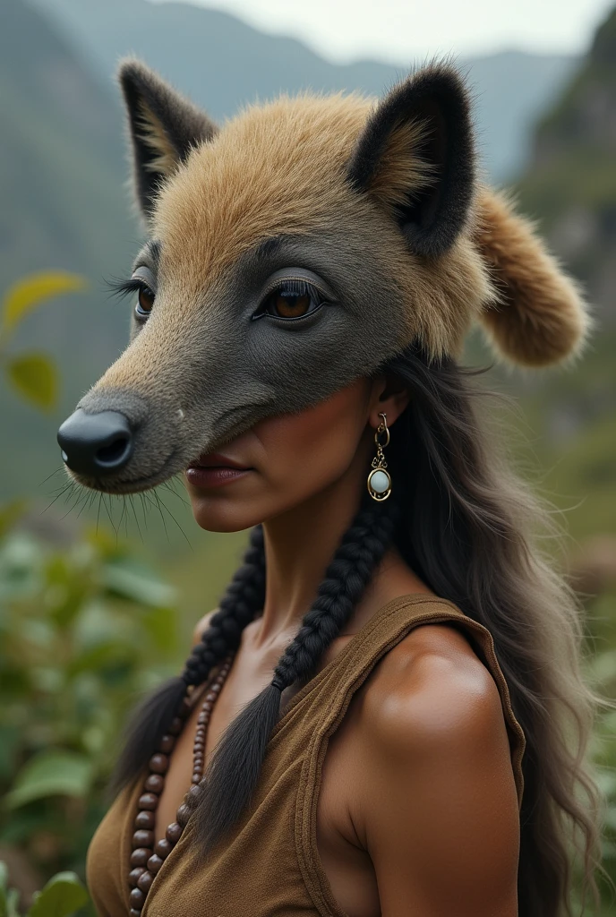(best quality,4k,8k,highres,masterpiece:1.2),ultra-detailed,(realistic,photorealistic,photo-realistic:1.37), lion, female, anthro, seductive woman with a fitness body, brown fur, medium long black dreadlock hair,ears with piercing, exquisite jewelry, walking through town, surrounded by majestic mountains