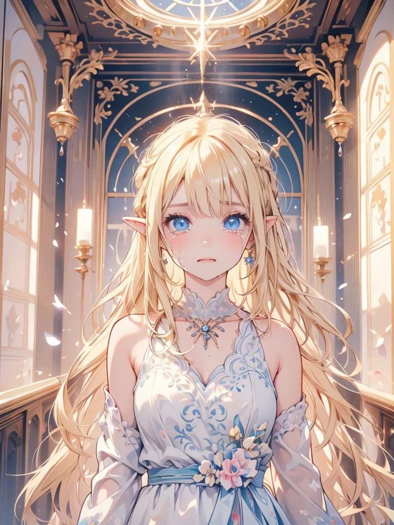 
(masterpiece, ultra quality, official art, beautiful and aesthetic:1.2), (1lady), solo, (anatomically correct), absurdres, well-defined facial features, graceful and symmetrical features, ultra detailed, radiant and healthy glow, fine details and realistic textures, (expressive and captivating eyes), long pointy ears, blonde hair, blue eyes, iridescent dress, jeweled necklace, (sad face), (sobbing:1.3), (cowboy shot), by famous painter,