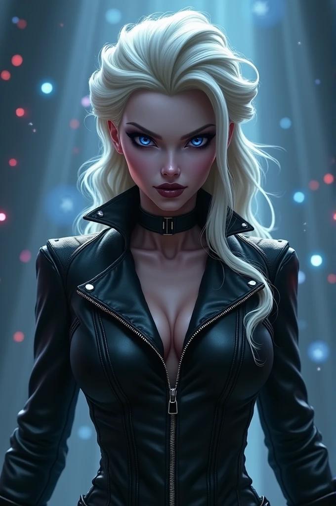 A goth Elsa vampire with visible fangs, detailed and realistic, dramatic lighting, dark fantasy, cinematic, moody colors, highly detailed portrait, photorealistic, 8k, best quality