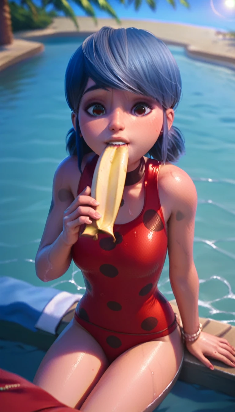 First person view of a woman in a red swimsuit, sitting on a towel at the edge of the water, with the sun shining on the ocean. He is biting a banana, His look is playful, with palm trees framing the scene