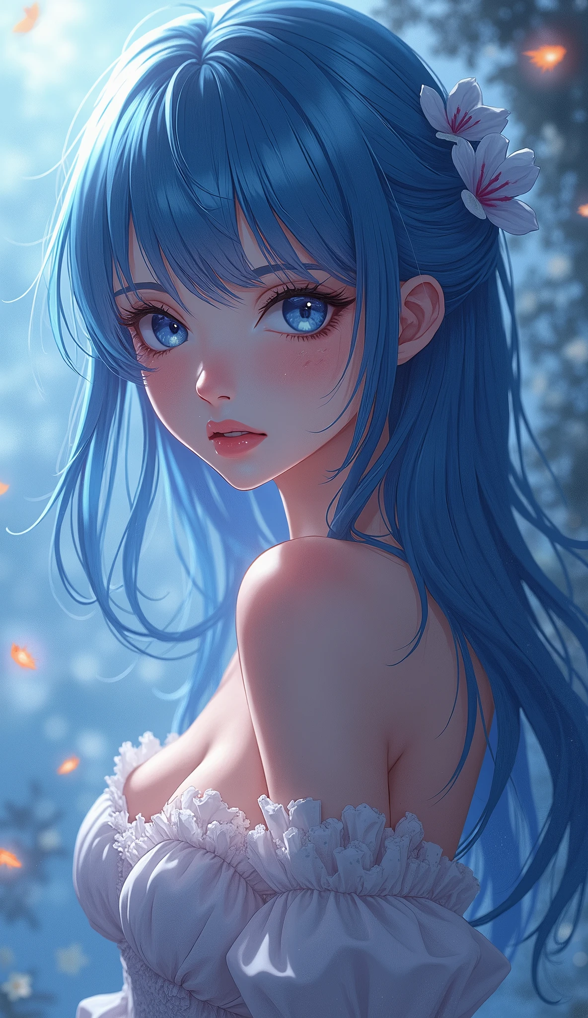 1girl, (solo), short ponytail hair, light blue hair, flat chest, small size, blue eyes, fair skin, perverted smile, full nude, full body, lots of cum on sex, (men with penis in sex), (night), moon, frozen lake, forest behind, (very sexy body, detailed face, masterpiece, highly detailed, 8k, best quality, vibrant colors, digital art, concept art)