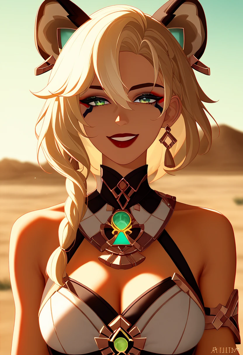 score_9,score_8_up,core_7_up, 1girl, Xilonen (Genshin Impact), animal ocelot ears, bare shoulders, blonde hair, braid, breasts, cleavage, dark skin, green eyes, grin, hair between eyes, head tilt, long hair, looking at viewer, red lips, smile, solo, upper body, looking at viewer, She standing in the desert, egyptian desert on background, (ultra-high detail:1.2), Masterpiece, Best Quality, Ultra-detailed, Cinematic lighting, delicate features, cinematic, 35 mm lens, f/1.9, highlight lighting, global lighting –uplight –v 4, cinematic, intense gaze, Cinematic lighting, 8K, high quality, Highest Quality, (Solo Focus), (extremly intricate:1.3), (Realistic), dramatic, masterful, Analog style, (Film grain:1.5), (warm hue, cold tone), anime style, full-length, dark and mysterious atmosphere, glow, eye shadow, 1girl, thriller fantasy, Depth & Perspective, Mystical powers, fine face, outdoors,
