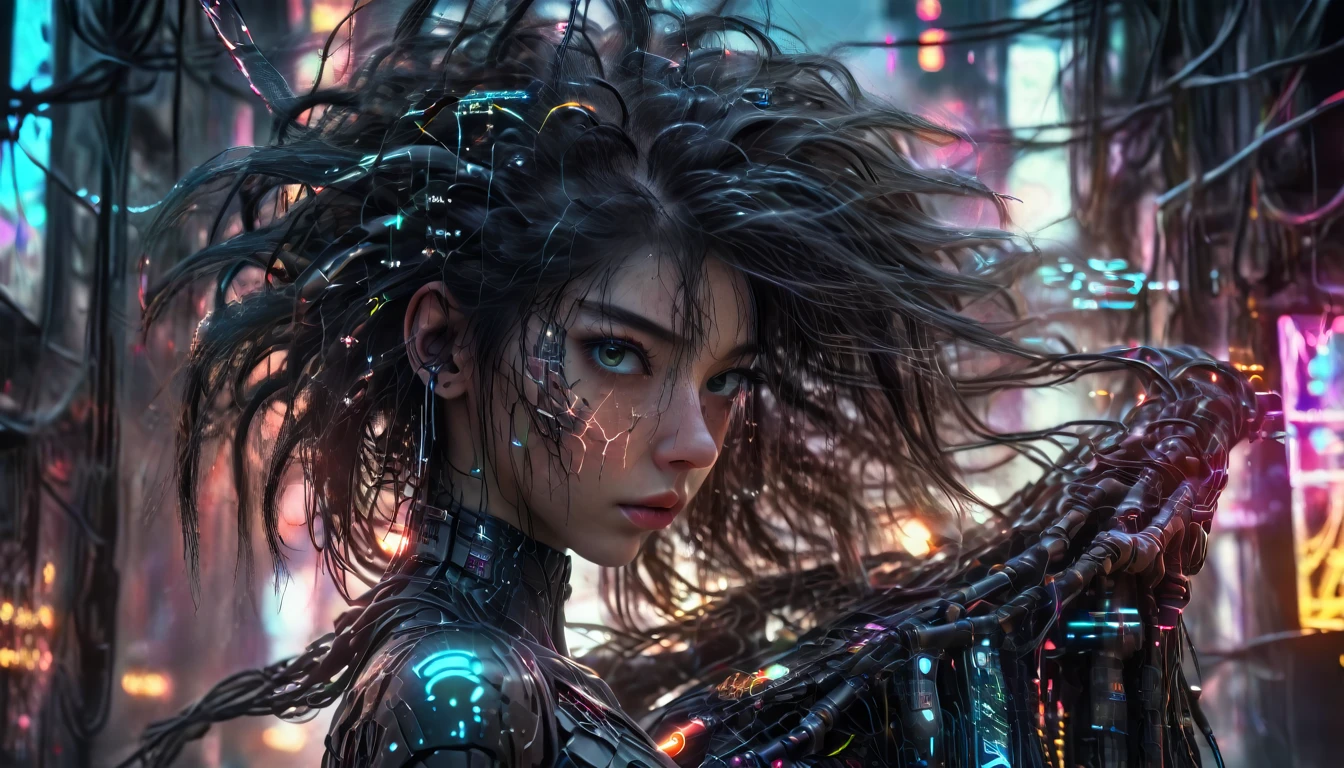 A beautiful cybernetic girl with strands of neural networks in her hair, futuristic, ultra detailed, 8k, best quality, photorealistic, glowing neon cyberpunk cityscape background, intricate mechanical limbs, holographic displays, advanced technology, vibrant colors, dramatic lighting