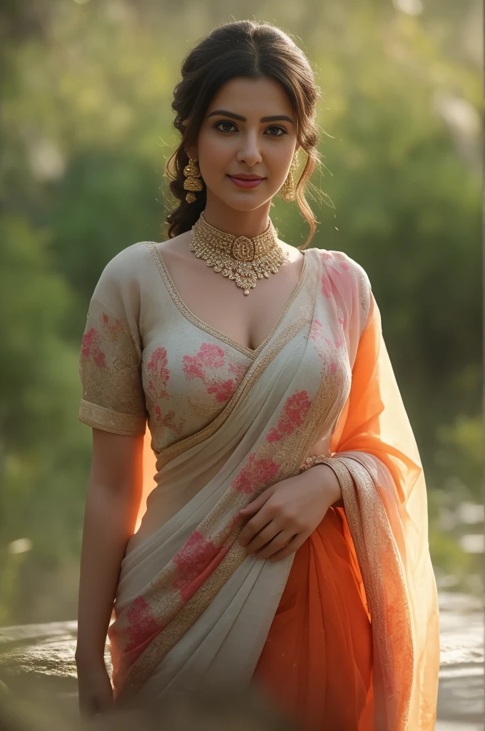 day scene, close up photo of Indian actress from top view, wearing saree, kneel down in a forest, surrounded by men  , many many around her,men grab her , men touch her chest,breast grab from behind,big cheeks, curvy, hourglass figure, men grabbing her breasts and waist, sexy navel, swooping breasts, ponytail hair, necklace, look at viewer and smile, (cinematic:1.3), intricate details, (ArtStation:1.2)