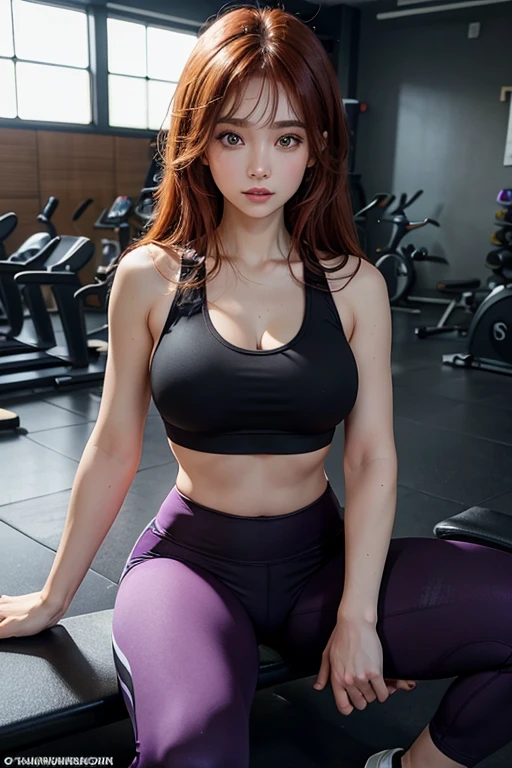 Masterpiece, best quality, detailed face, woman, auburn hair, black sports bra,big breast, purple yoga pants, sit, workout, in the gym, looking at viewer, neutral face