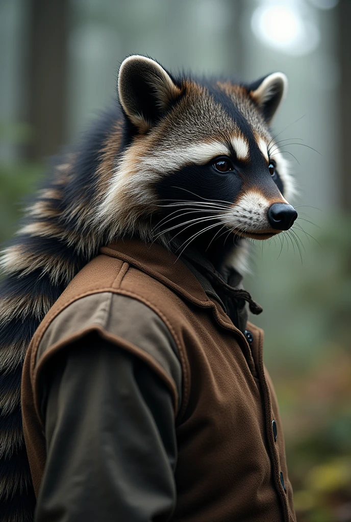 solo mid shot portrait of a humanoid anthro raccoon, by Thomas Moran and Bridget Riley and Yayoi Kusama, analog cinematic LUT