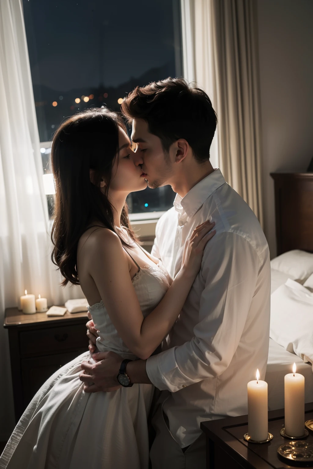 Arafed couple kissing in bed with candles in front of them - SeaArt AI