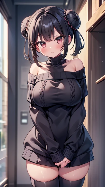 highest quality,wonderful,finely,extremely detailed CG Unity 8K wallpaper, (1 girl, black hair, double bun), (huge breasts:1.1),(off-shoulder sweater:1.3), (zettai ryouiki:1.4)