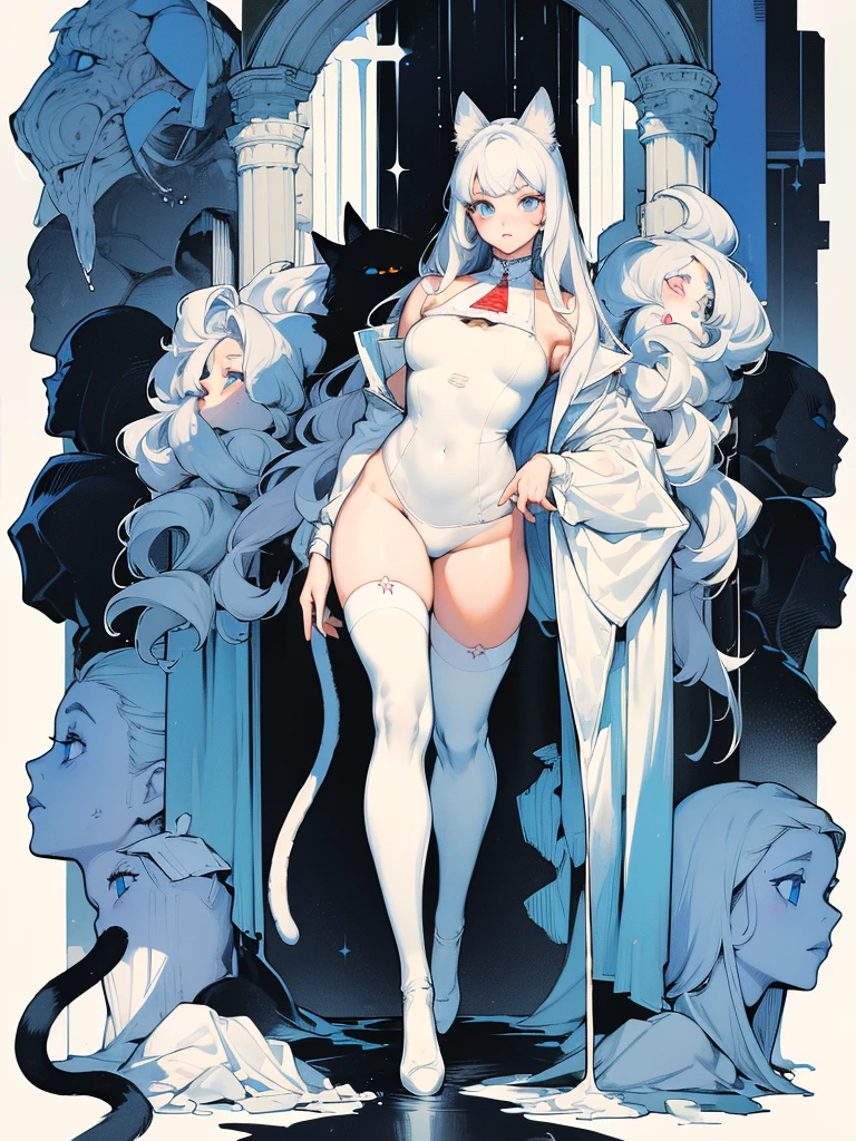 (best quality, masterpiece:1.2), illustration by hajime sorayama, perfect body, hyperfeminine curves, (detailed eyes), (detailed face), woman, long white hair, bangs, ponytail, cat ears, cat tail, light blue eyes, pale skin, curvy, high fashion outfit, knee high socks, solo