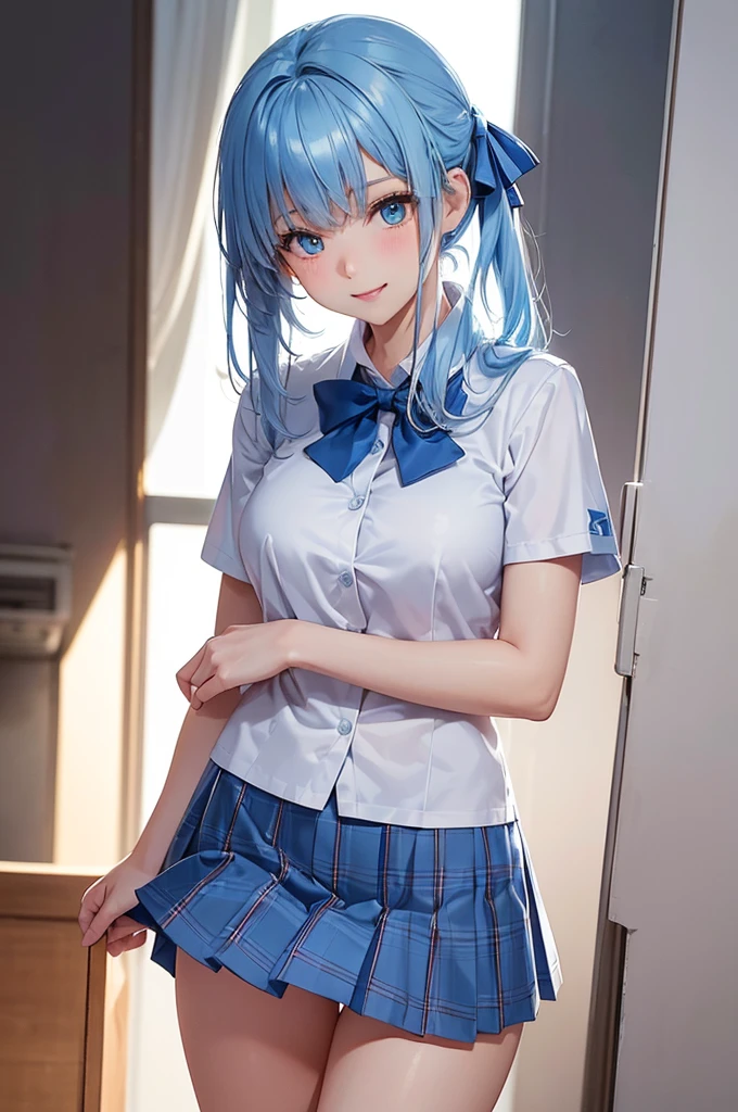 AGMM, 1girl, (Karol G, blue hair, Colored_Skin:1.2), wearing wet see-through school uniform, large breasts, reveal, covered, skirt, thighhighs. inside building, classroom, sunbeams, bokeh, sparkles, evening, smile, sexy smile,