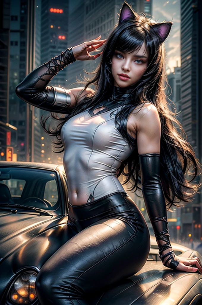 (masterpiece, best quality:1.2), cowboy shot, blake belladonna, cat ears, white shirt, detached sleeve, yoga pants, night, stars, sitting on car bonnet, cyberpunk city, crowd, (masterpiece,stunning girlfriend, heart shaped face, elegant face, beautiful face, highly detailed face, highly detailed skin, skin pores, subsurface scattering, realistic pupils, looking at viewer, full lips, detailed background, depth of field, atmospheric perspective, volumetric lighting, sharp focus, absurdres, realistic proportions, good anatomy, (realistic, hyperrealistic:1.4), 16k hdr,