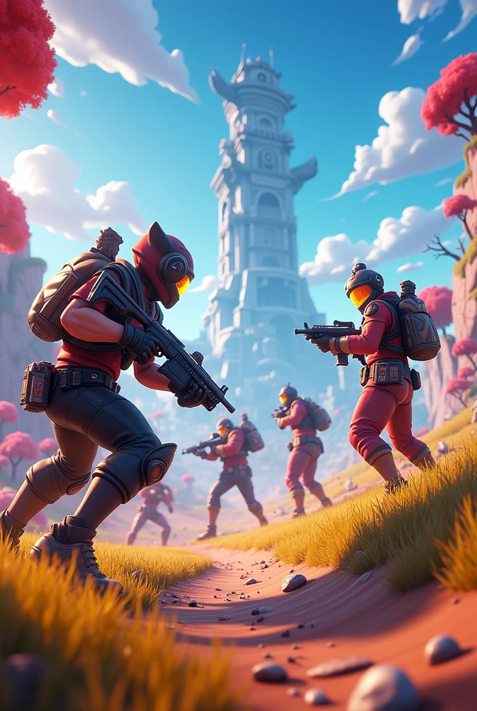 Mostrar o papel de parede da tela de abertura de um jogo que estou criando chamado FuryFall. This game will be a Battle Royale as a combination between Fortnite and Free Fire. O Wallpaper deve se parecer um pouco com o Fortnite com coisas neon, Multiple players in pro player outfits Some Squads, letreiro e emblema do FURYFALL (FF).