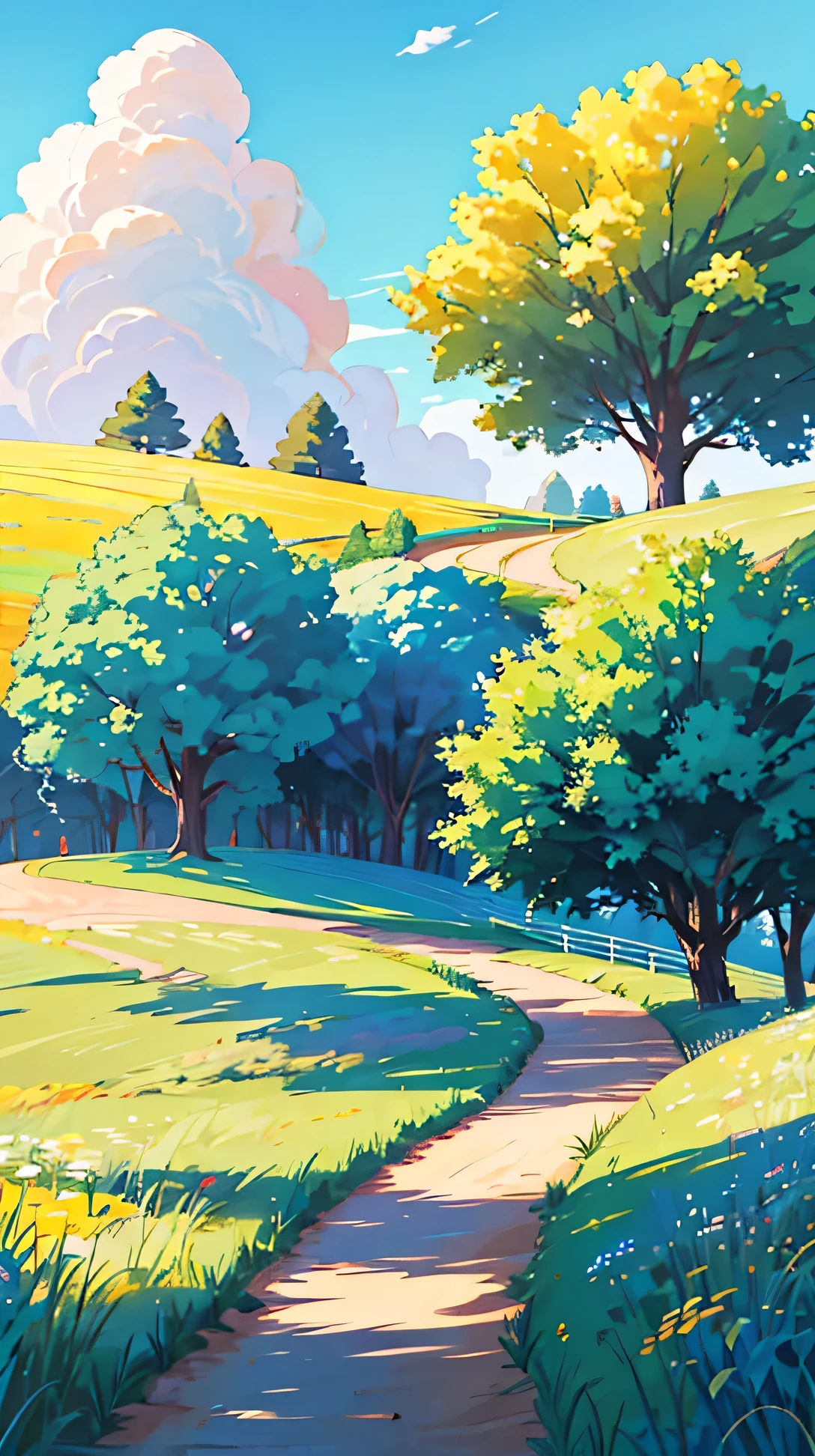 "A winding dirt path leading through an open meadow with a single tree in the distance. The sky is a clear, vibrant blue with a few clouds, and the colors are bright, giving the scene a feeling of serene solitude."