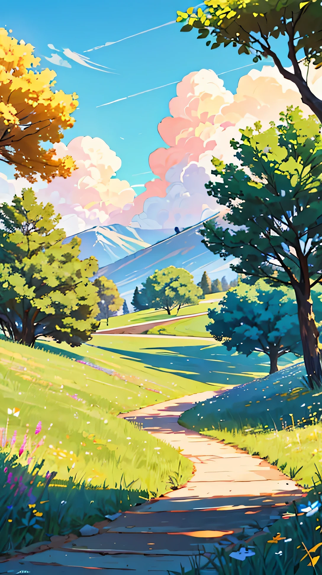 "A winding dirt path leading through an open meadow with a single tree in the distance. The sky is a clear, vibrant blue with a few clouds, and the colors are bright, giving the scene a feeling of serene solitude."