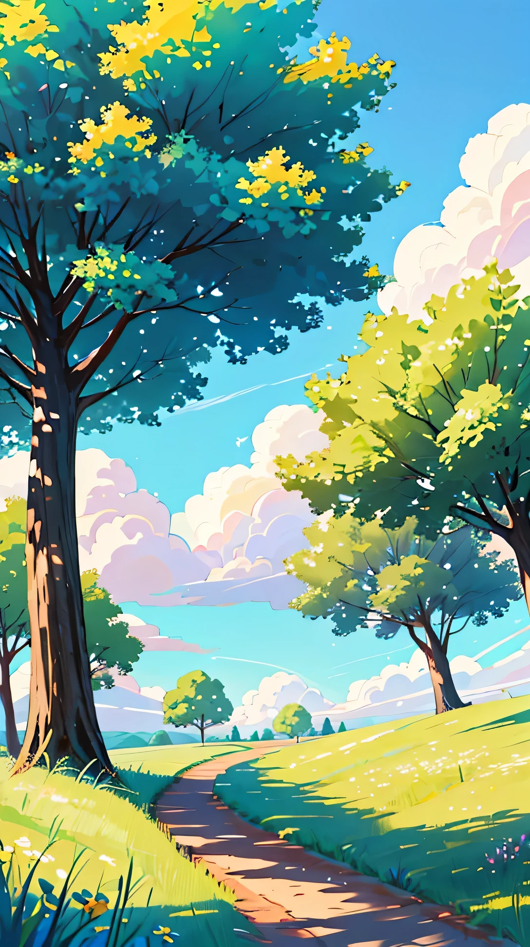 "A winding dirt path leading through an open meadow with a single tree in the distance. The sky is a clear, vibrant blue with a few clouds, and the colors are bright, giving the scene a feeling of serene solitude."