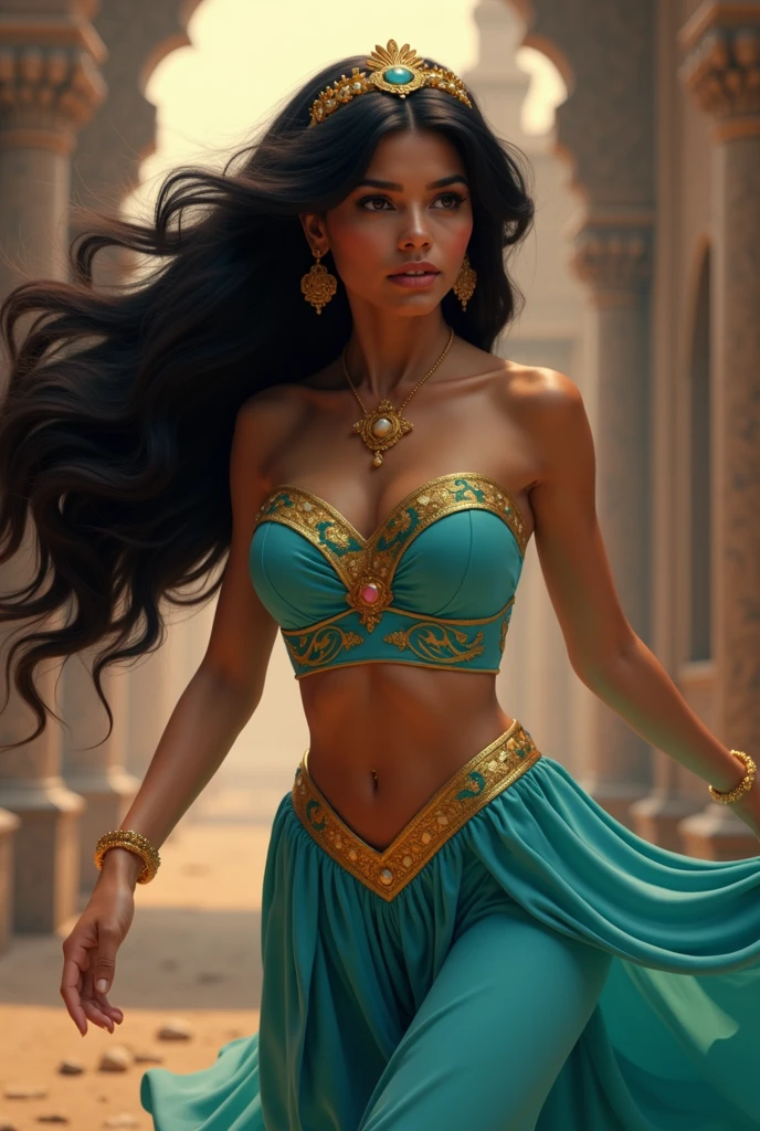 Stunning Princess Jasmine, photo in 8k, in action, cinematic.