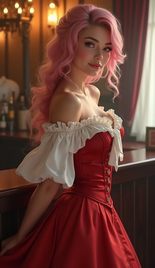 Masterpiece, best quality female, (French),(small breast), (very long curly pink volumetric hair:1.33), (white crinoline inside with red corset outside:1.33), (long red skirt:1.33), flat headband, (detailed beautiful hazel eyes:1.33), detailed blush smiling face, slim body, perfect anatomy, very cute, dynamic pose, showing some leg, perfect shading, dramatic lighting, rendered in 8K resolution for high-quality detail, trending on art station, concept art, smooth, sharp focus, in a saloon, highly detailed, soft natural volumetric, cinematic perfect light, intricate details, nude boobs