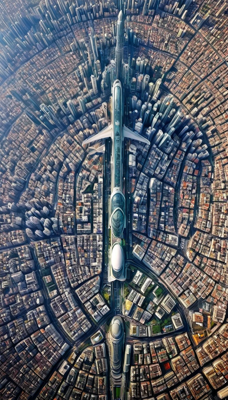 Megametropolis a city that extends beyond view tallest buildings futuristic metropolis seen from above jet airplane view