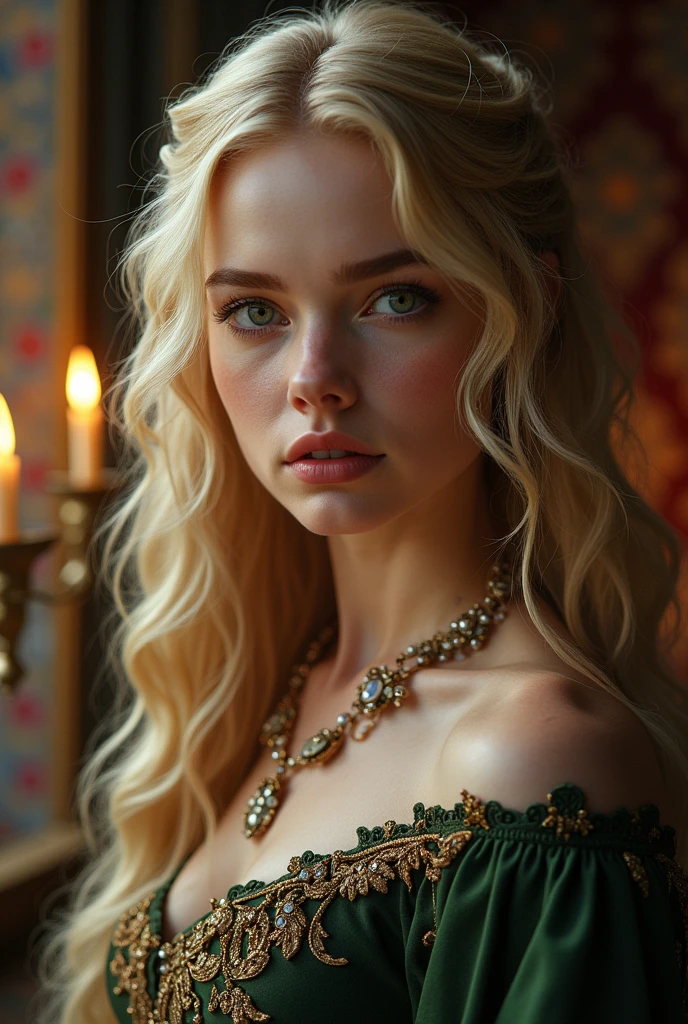 a beautiful princess, blonde-hair, 30 years old, with pale skin, long hair, slender and toned body, hazel eyes, tall, full body shot, highly detailed, cinematic lighting, dark moody atmosphere, gothic, dramatic chiaroscuro lighting, rich color palette, seamless blend of realism and fantasy, photorealistic, 8k, high resolution, best quality