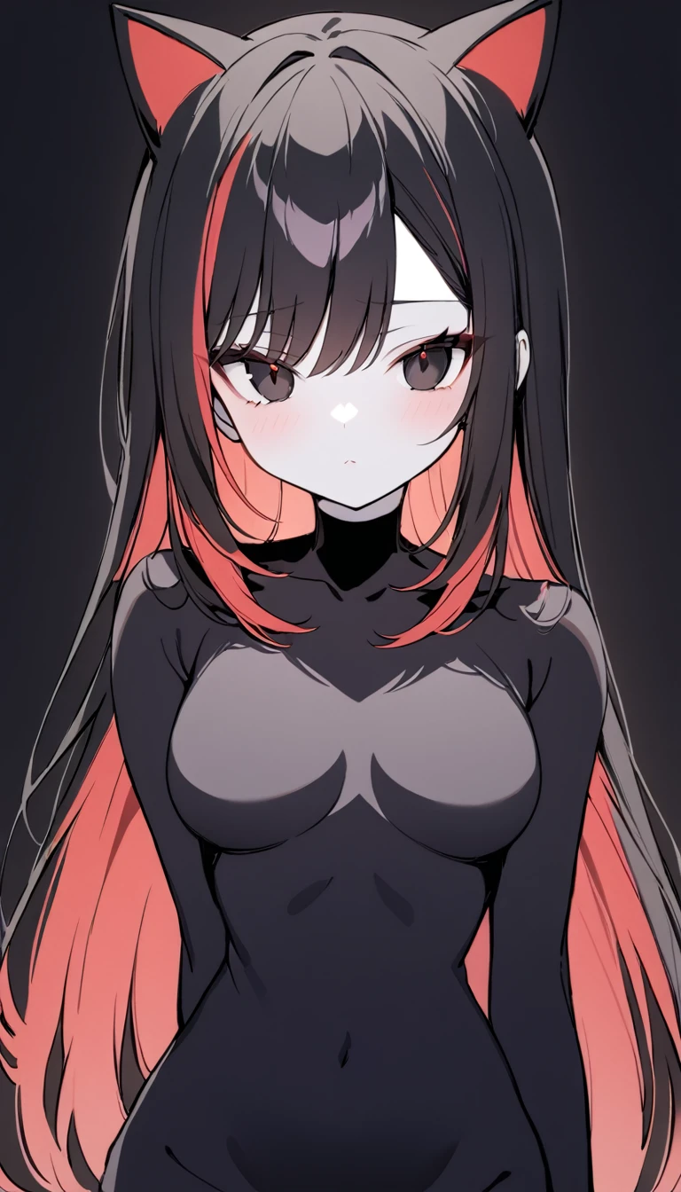 1 Girl, Medium Breasts, Raven Black Hair, Light Red Highlights In Hair, Straight Hair Style, Long Hair, Light Red And Black Eyes, Pale Skin, Smooth Skin, Soft Features, Cat Cosplay 