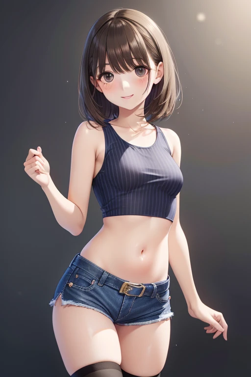 15-year-old female student,black short skirt,white camisole,short detailed hair,delicated face,Fitted vest,showing belly,Best quality,Great figure,little breast,small boobs,Slightly thinner,pleatedskirt