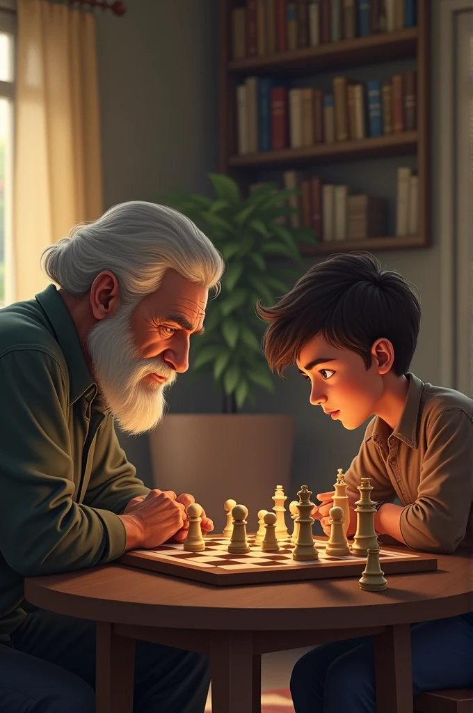 A grandfather teaching his granddaughter to play chess, passing on knowledge