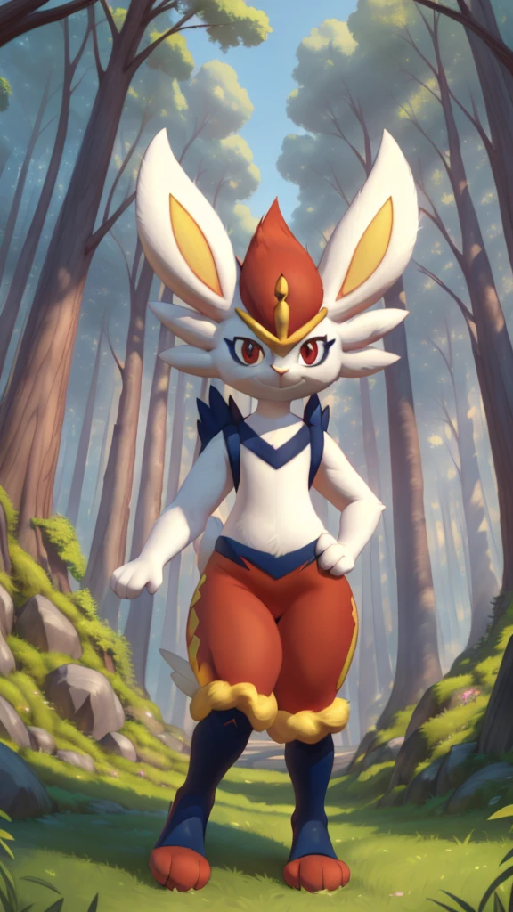 cinderace, female, full body, red eyes, (soft shading), 4k, hi res, five fingers, detailed hands, ((detailed face, (detailed eyes:1.0), detailed)), by zackarry911, by zaush, (by personalami:0.5),standing ,smiling happy, looking at viewer, forest, grass, trees, mountains, rabbit tail