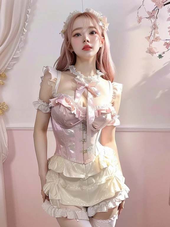 there is a woman in a short skirt posing for a picture, frilly outfit, elegant corset, fairycore, corset, lolita style, belle delphine, fantasy outfit, frill, cottagecore!! fitness body, pale fair skin!!, lolita fashion, cutecore, , y 2 k cutecore clowncore, lolita, wearing corset, jisoo from blackpink, popular south korean makeup, quality detailed ,(beautiful makeup :1.2), Wide hips, big, big ass, (best quality, 8K, masterpiece: 1.3), Clear focus: 1.2, Perfect body beauty: 1.4, strong abs, Very detailed face and skin texture. , detailed eyes, double eyelids, (long hair), having very marked curves, with greater volume in ((hips and breasts)), which makes the waist look much smaller ((wasp waist))