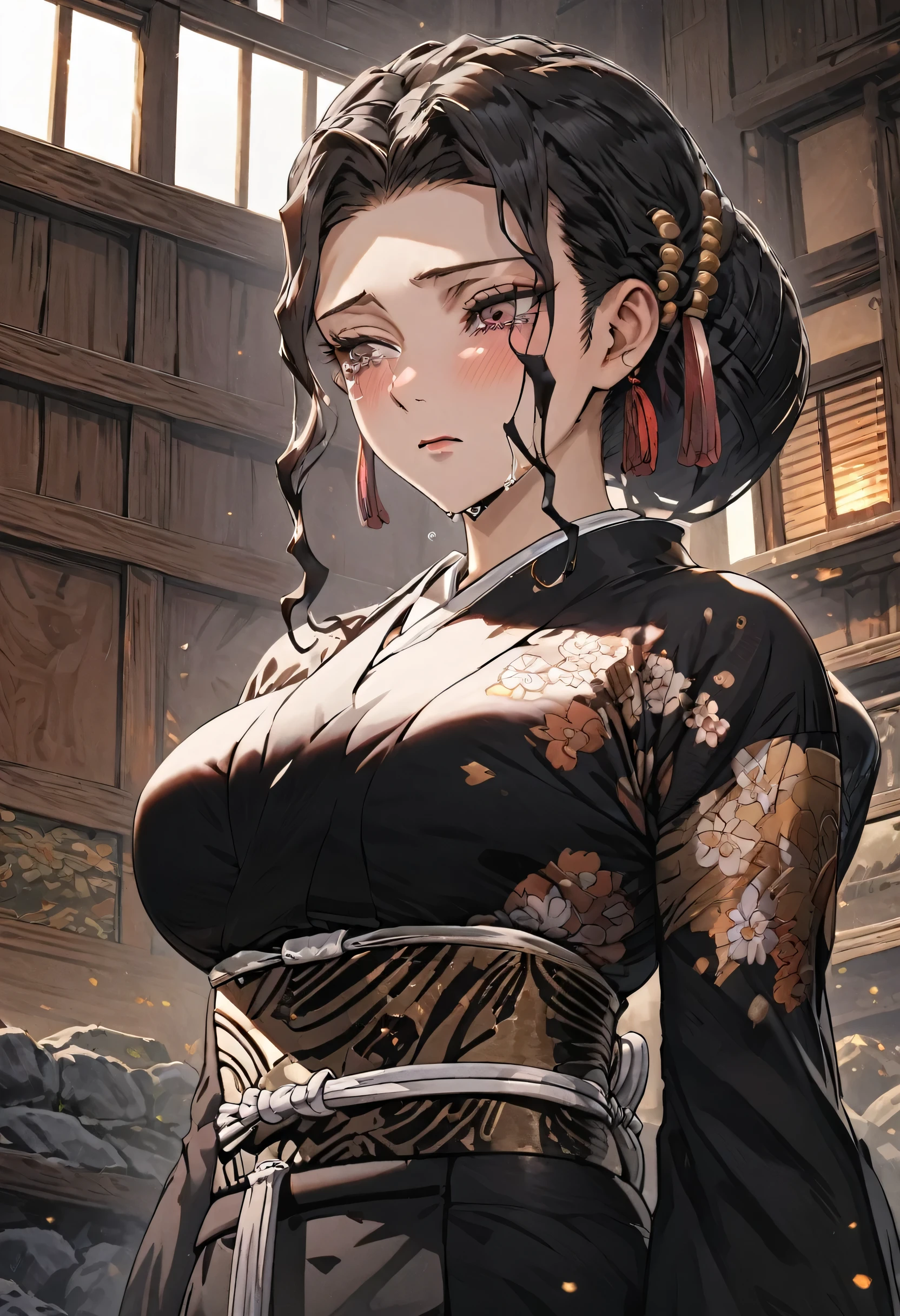 Muzan Kibutsuji,neckline,big breasts, crying,sad</input></xml>, Japanese room,HD, 8K, very good quality, perfect body, detailed background, ultra detailed, Perfect and detailed face, detailed limbs